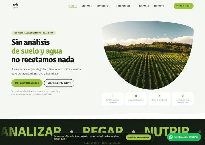 Portada del sitio de muestra de RAÍZ AGRO