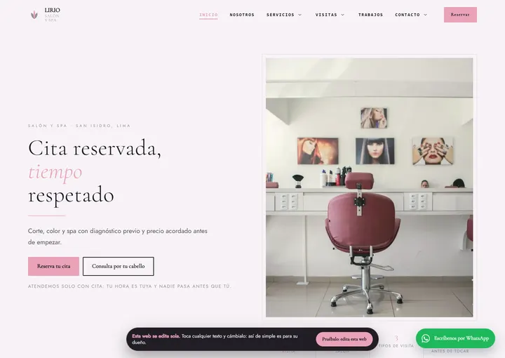 Portada del sitio de muestra de LIRIO SALÓN Y SPA