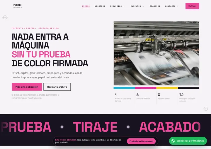 Portada del sitio de muestra de PLIEGO IMPRENTA