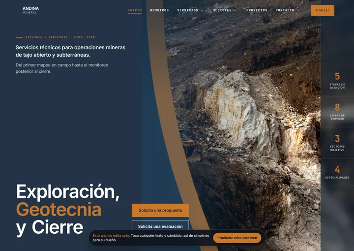 Portada del sitio de muestra de ANDINA MINERAL